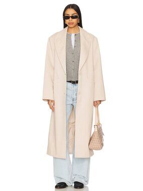 NEW LIONESS Olsen Coat in Beige Pinstripe Light Pink Trench Coat Long Jacket S